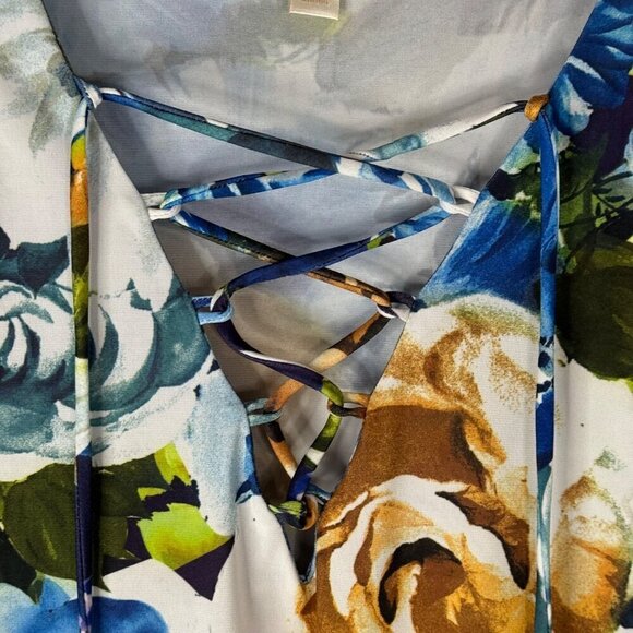 Boston Proper Floral Striped Blouse Long Bell Sleeve Stretchy Lace Up V Neck XXS - Picture 3 of 10